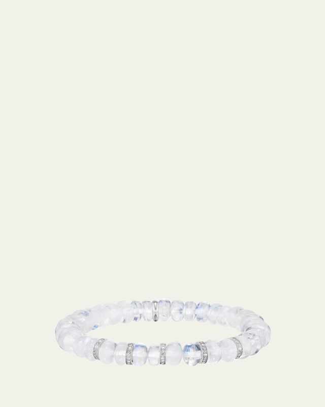 Rainbow Moonstone 8mm Bead Bracelet with 5 Pave Diamond Rondelles